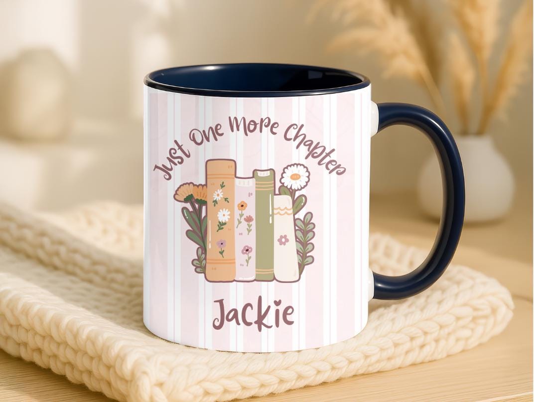Personalized Book Lover Mug, One More Chapter Coffee Cup, Floral Bookshelf Reader Gift, Custom Name Literary Birthday Present