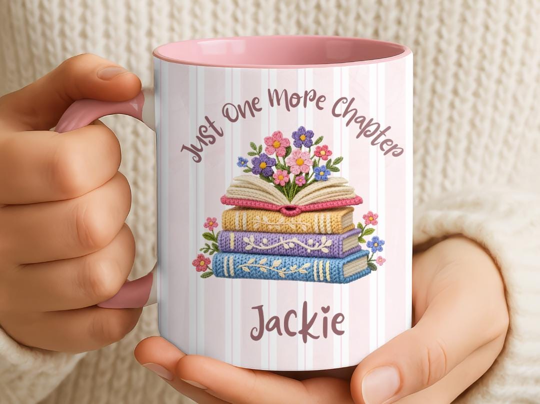 Personalized Book Lover Mug, One More Chapter Coffee Cup, Floral Bookshelf Reader Gift, Custom Name Literary Birthday Present