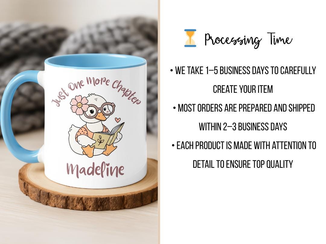 Personalized Duck Reading Mug, Just One More Chapter Coffee Cup, Cute Book Lover Gift For Her, Custom Name Reader Birthday Present