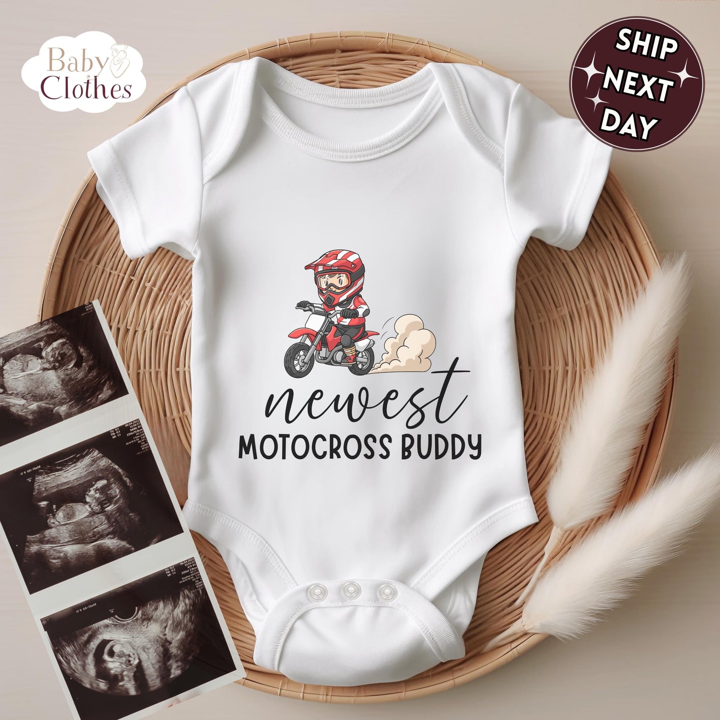 newest motocross buddy baby bodysuit, cute motocross baby outfit, baby announcement, newborn baby gift, daddys motocross partner