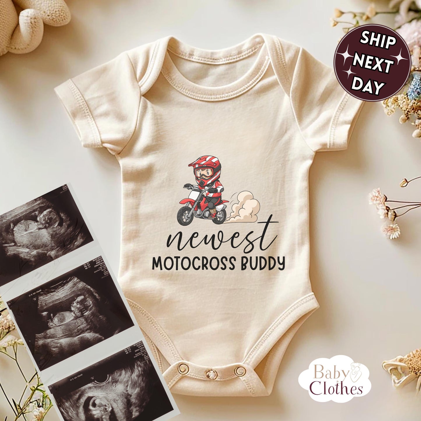 newest motocross buddy baby bodysuit, cute motocross baby outfit, baby announcement, newborn baby gift, daddys motocross partner