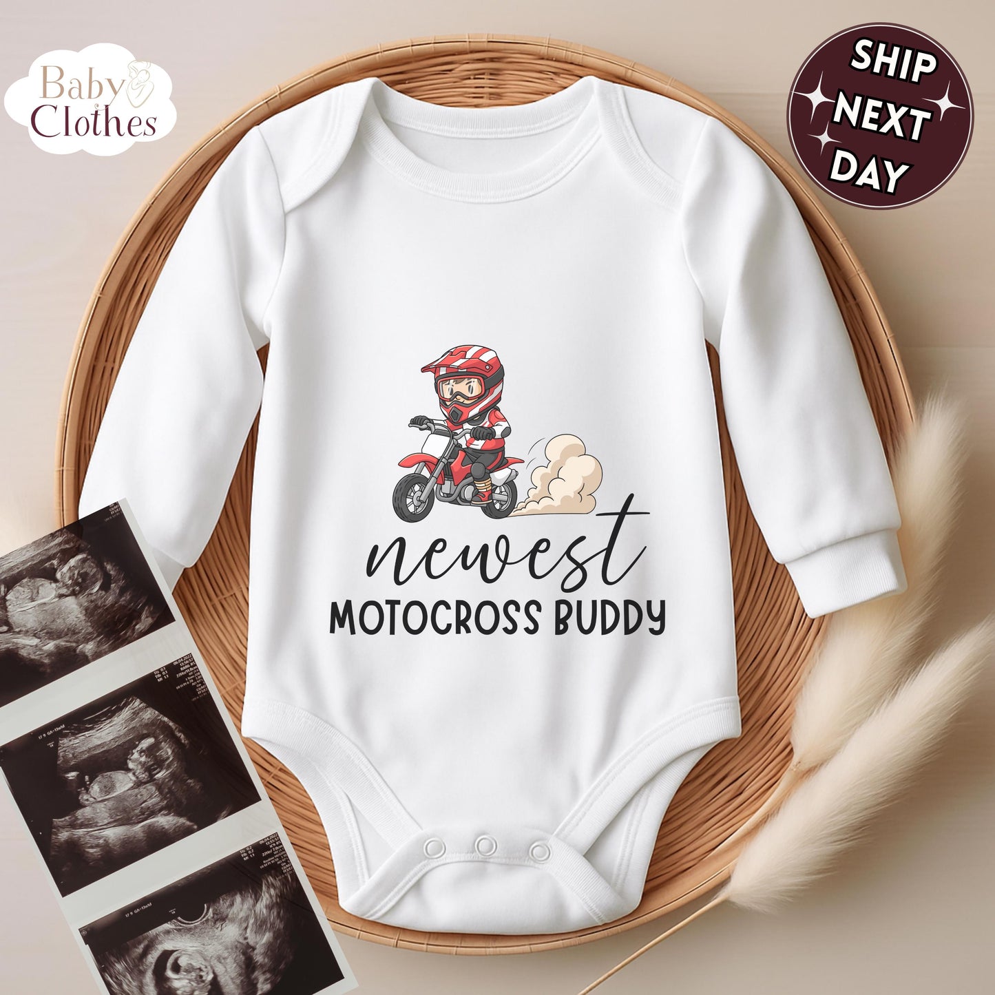 newest motocross buddy baby bodysuit, cute motocross baby outfit, baby announcement, newborn baby gift, daddys motocross partner