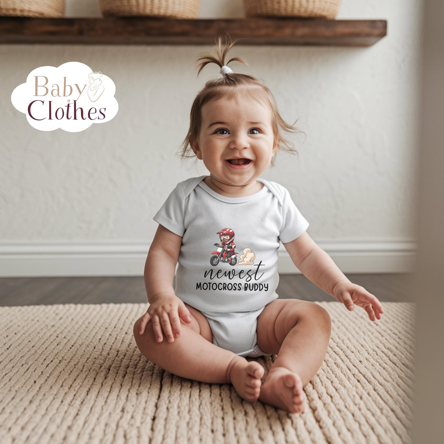 newest motocross buddy baby bodysuit, cute motocross baby outfit, baby announcement, newborn baby gift, daddys motocross partner