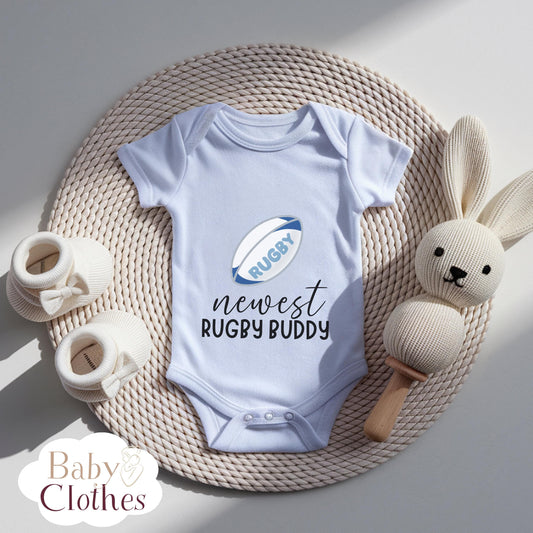 newest rugby buddy baby bodysuit, cute rugby baby outfit, baby announcement, newborn baby gift, daddys rugby partner