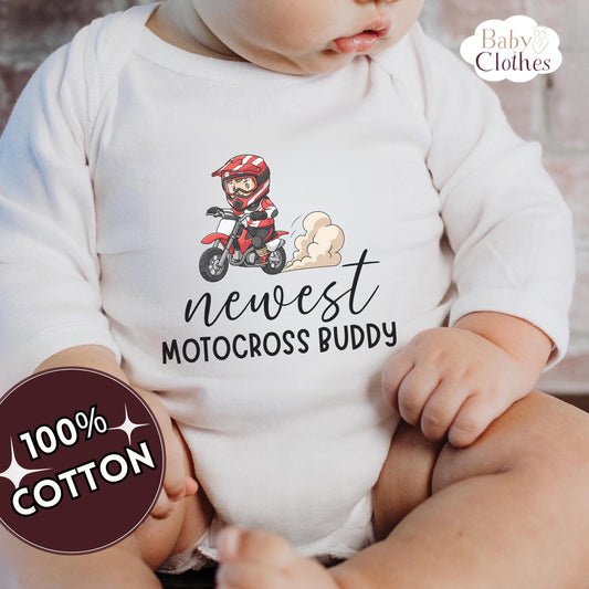newest motocross buddy baby bodysuit, cute motocross baby outfit, baby announcement, newborn baby gift, daddys motocross partner
