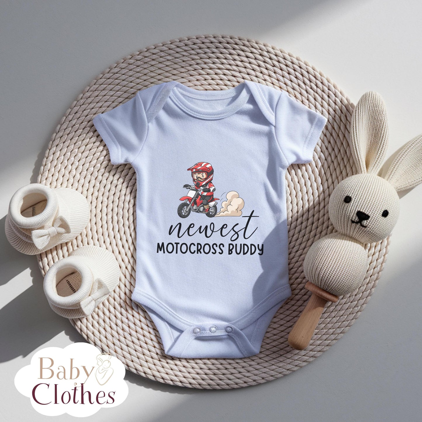 newest motocross buddy baby bodysuit, cute motocross baby outfit, baby announcement, newborn baby gift, daddys motocross partner