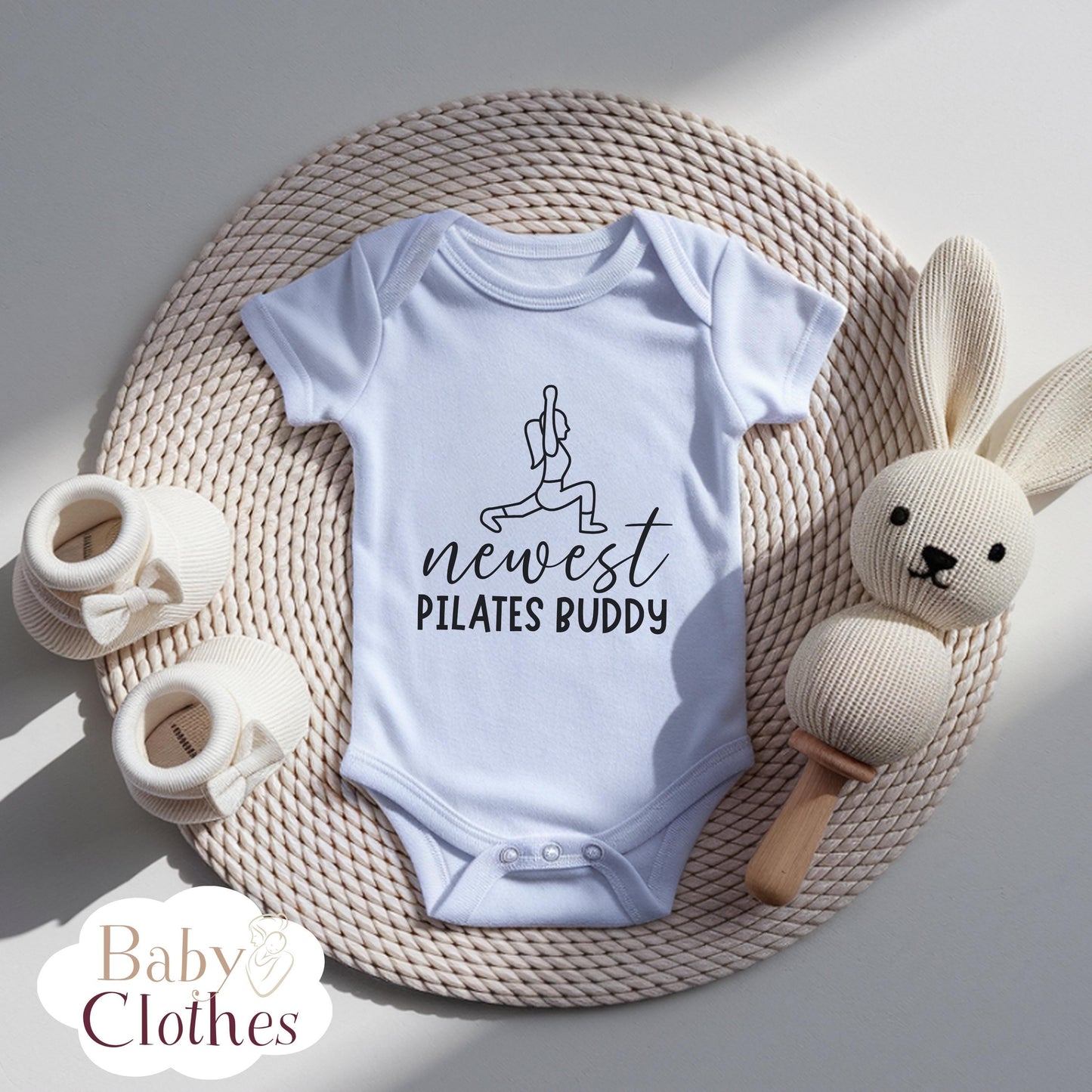 newest pilates buddy baby bodysuit, cute pilates baby outfit, baby announcement, newborn baby gift, daddys pilates partner onesie®