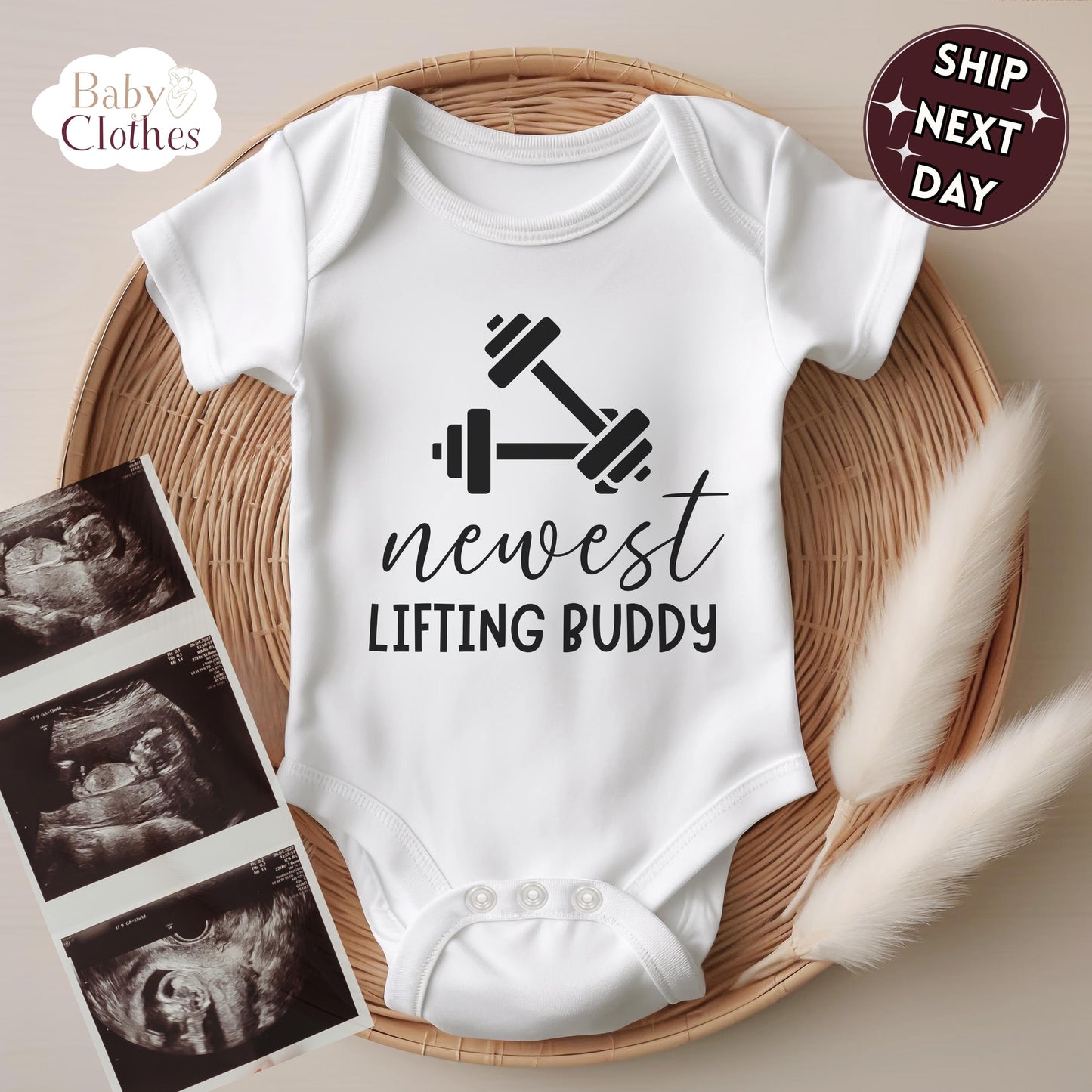 newest lifting buddy baby bodysuit, cute lifting baby outfit, baby announcement, newborn baby gift, daddys lifting partner onesie®