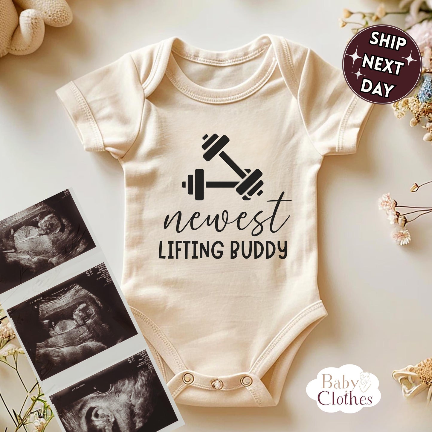 newest lifting buddy baby bodysuit, cute lifting baby outfit, baby announcement, newborn baby gift, daddys lifting partner onesie®