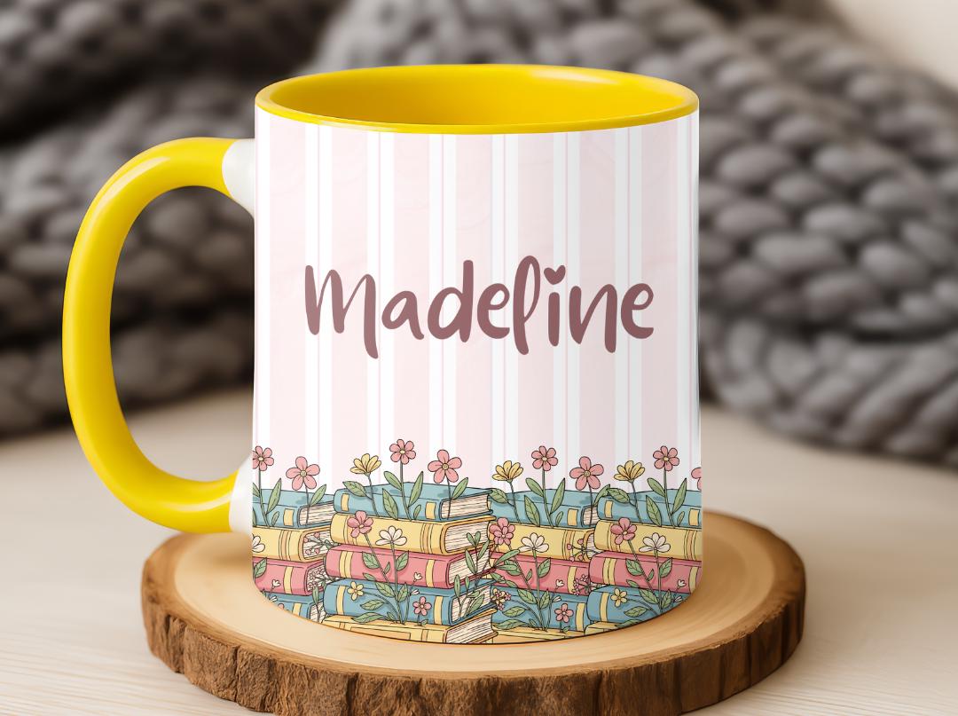 Personalised Vintage Bookshelf Library Pottery Mug, Floral Bookish Gifts For Reader, Custom Reading Coffee Cup, Book Lover Birthday Gift