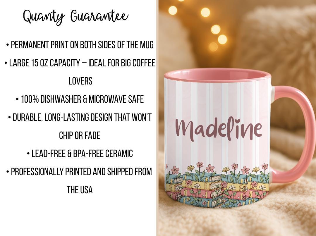 Personalised Vintage Bookshelf Library Pottery Mug, Floral Bookish Gifts For Reader, Custom Reading Coffee Cup, Book Lover Birthday Gift