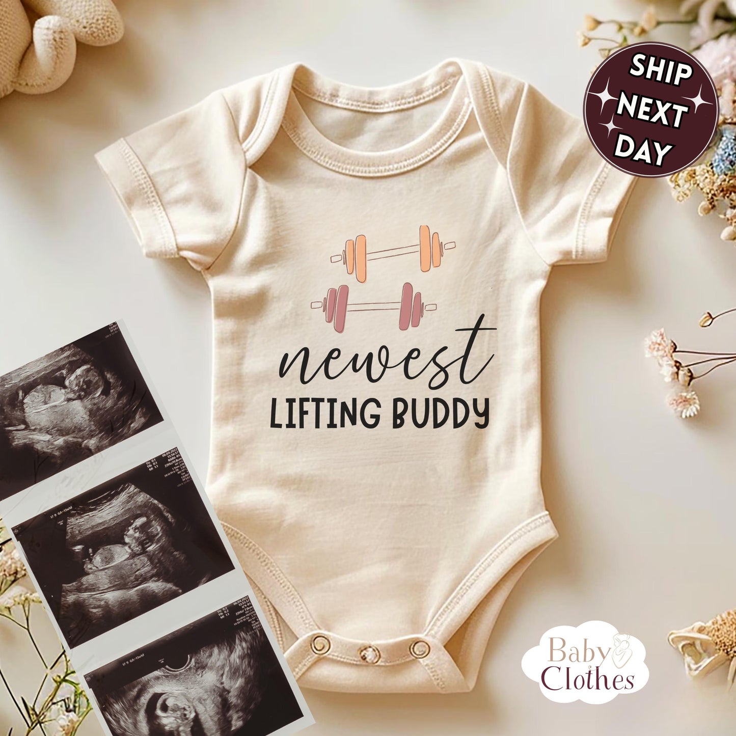 newest lifting buddy baby bodysuit, cute lifting baby outfit, baby announcement, newborn baby gift, daddys lifting partner onesie®