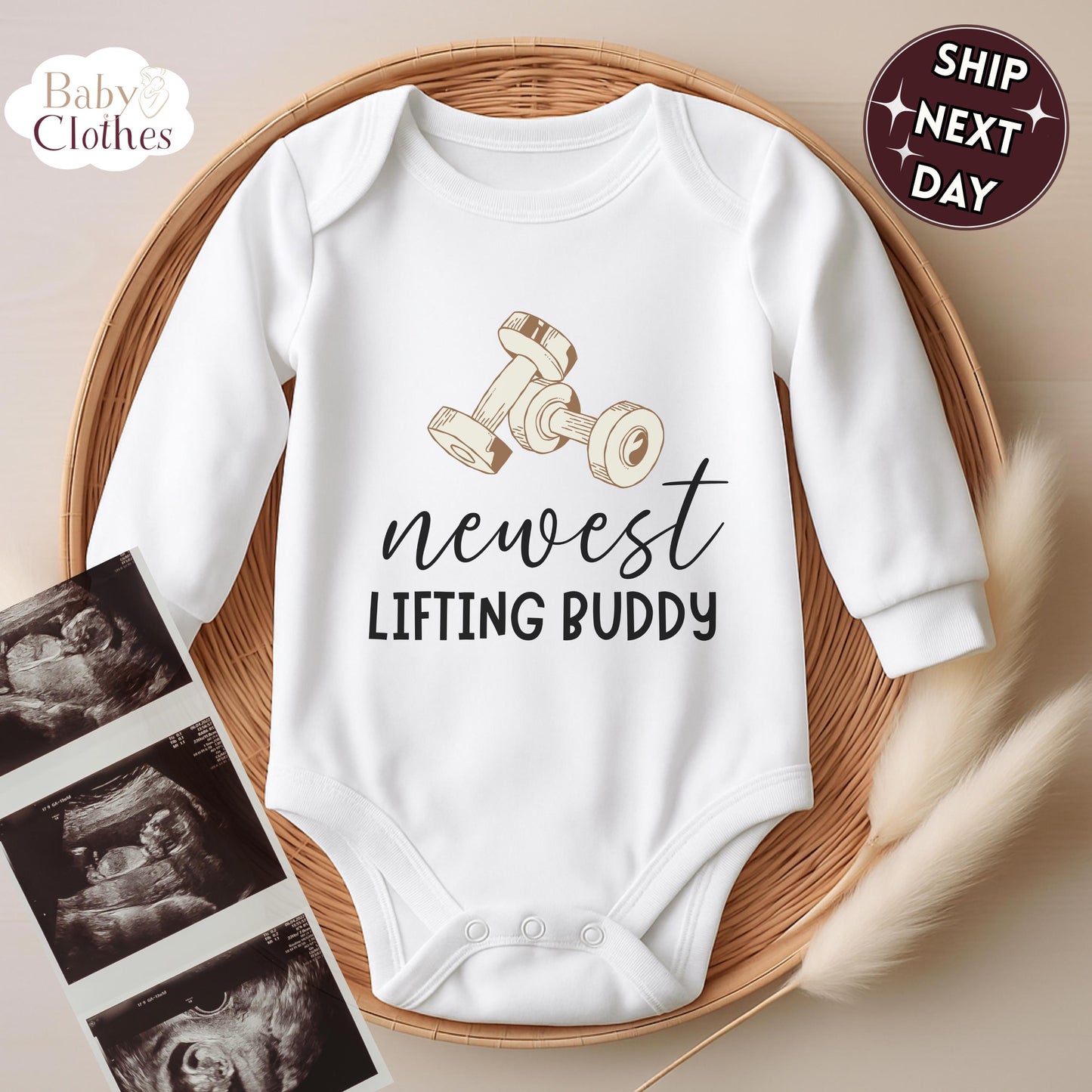 newest lifting buddy baby bodysuit, cute lifting baby outfit, baby announcement, newborn baby gift, daddys lifting partner onesie®