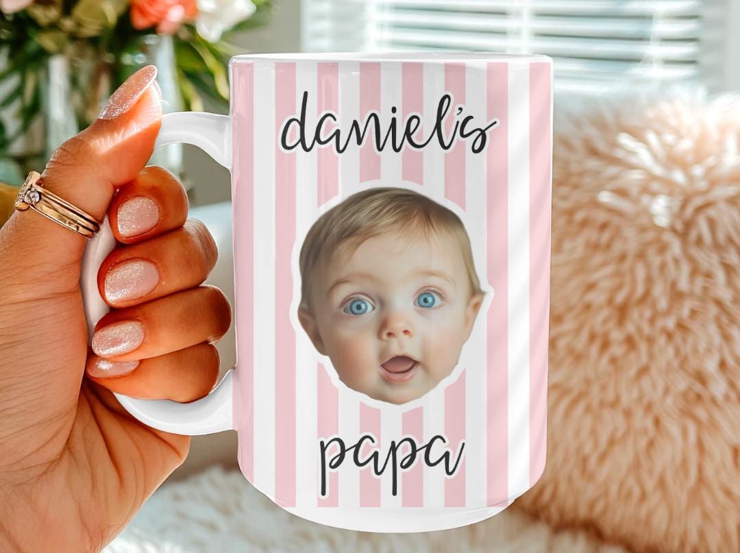 Custom Baby Face Photo Mug| Personalized Striped Coffee Mug Gift for Dad, Mom, Grandparents|Cute Valentine's Gift From Baby| New Parent Gift