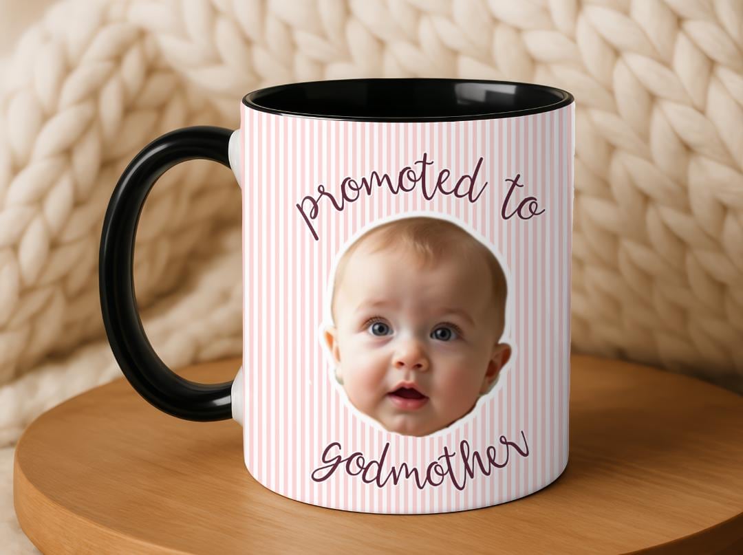 Promoted to Godmother Custom Photo Mug | Baby Face Godparent Proposal Gift | Cute Pregnancy Reveal for Aunt, Godmom, Madrina | Baptism Gift
