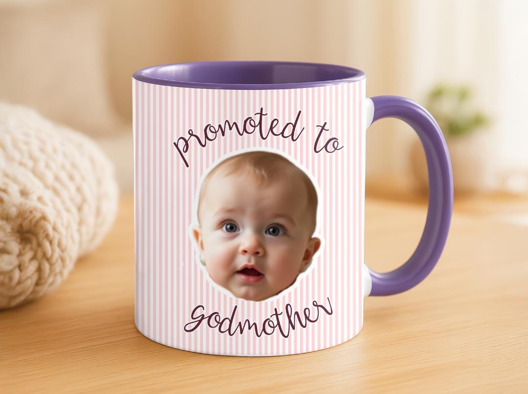 Promoted to Godmother Custom Photo Mug | Baby Face Godparent Proposal Gift | Cute Pregnancy Reveal for Aunt, Godmom, Madrina | Baptism Gift