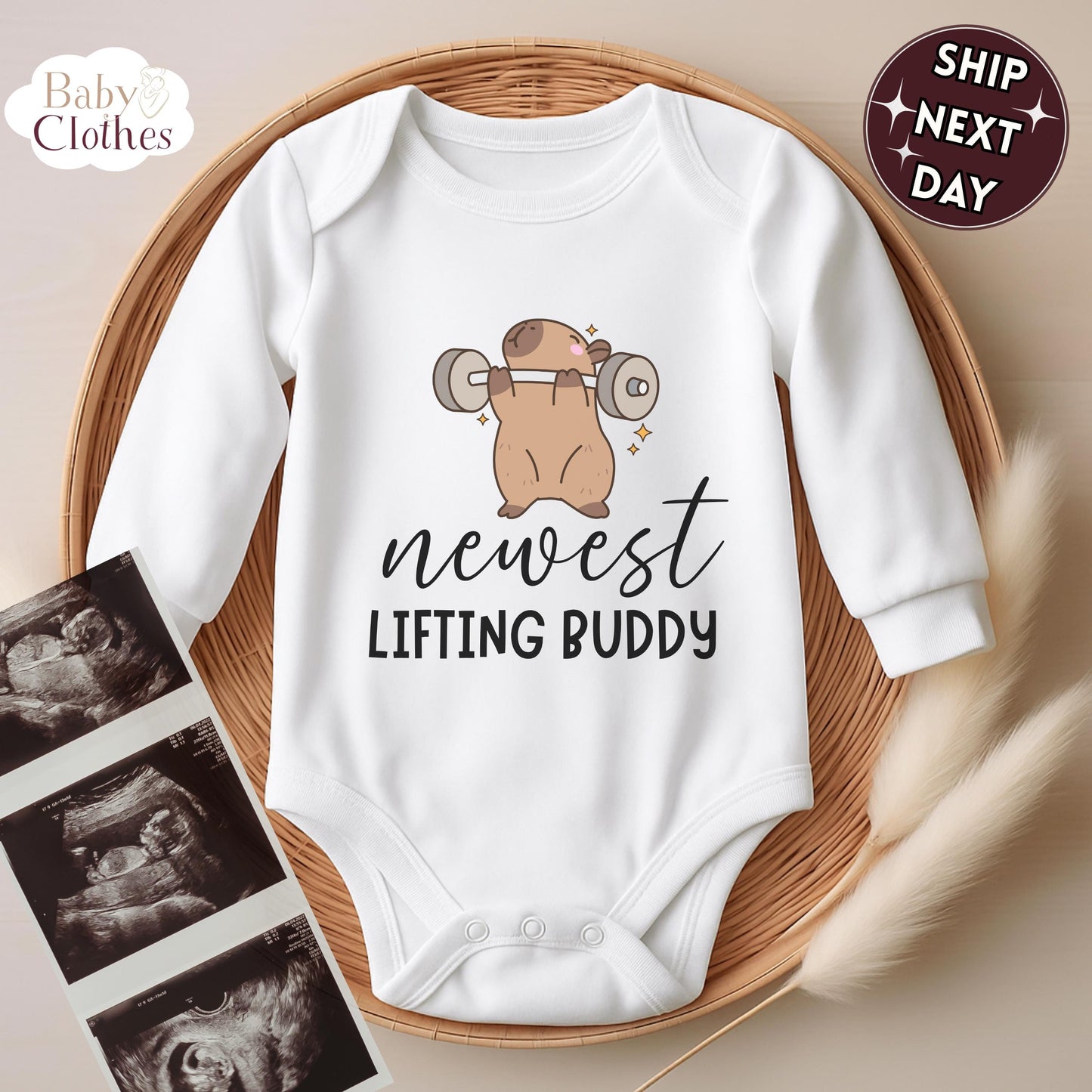 newest lifting buddy baby bodysuit, cute lifting baby outfit, baby announcement, newborn baby gift, daddys lifting partner onesie®
