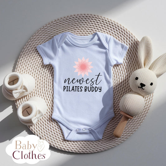 newest pilates buddy baby bodysuit, cute pilates baby outfit, baby announcement, newborn baby gift, daddys pilates partner onesie®