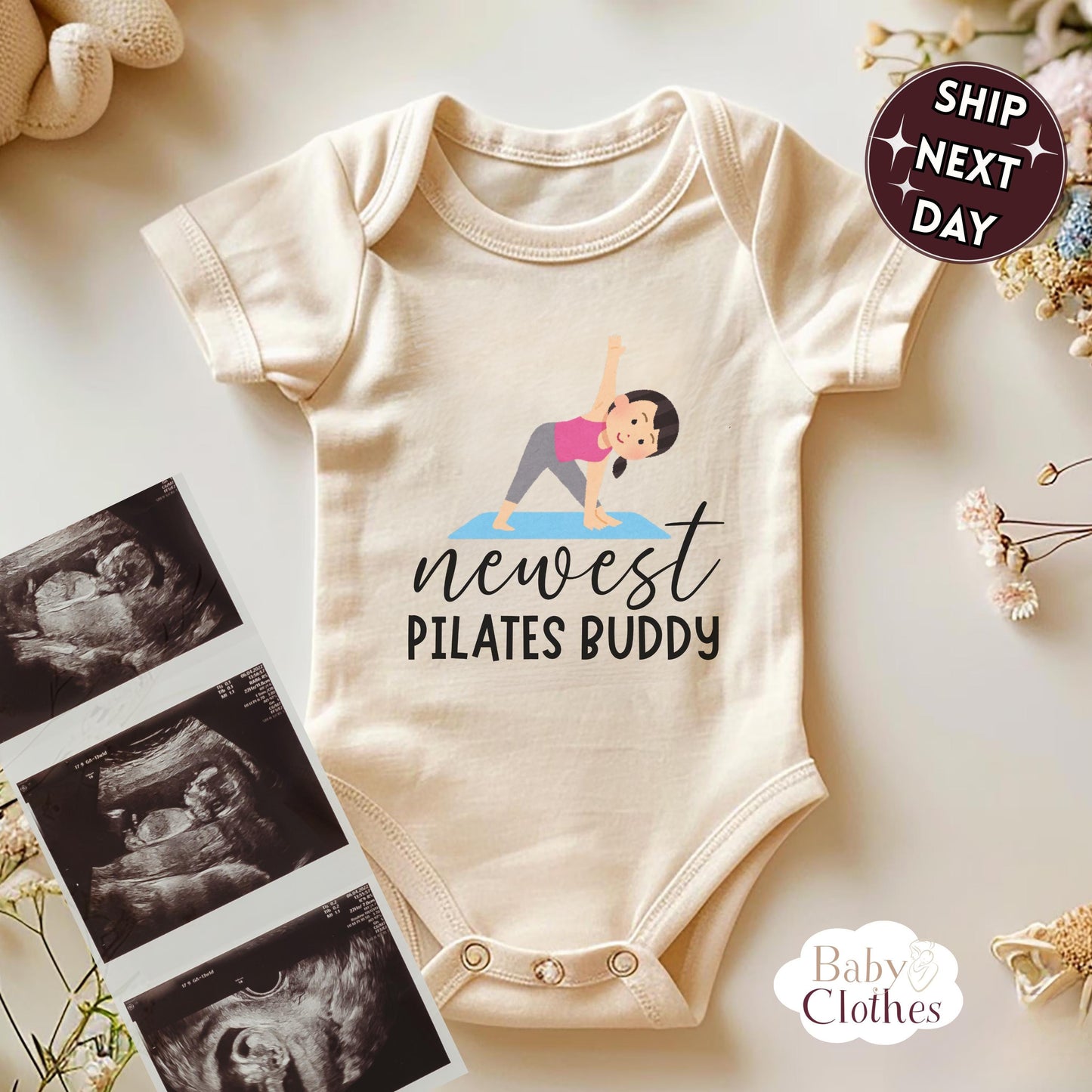 newest pilates buddy baby bodysuit, cute pilates baby outfit, baby announcement, newborn baby gift, daddys pilates partner onesie®