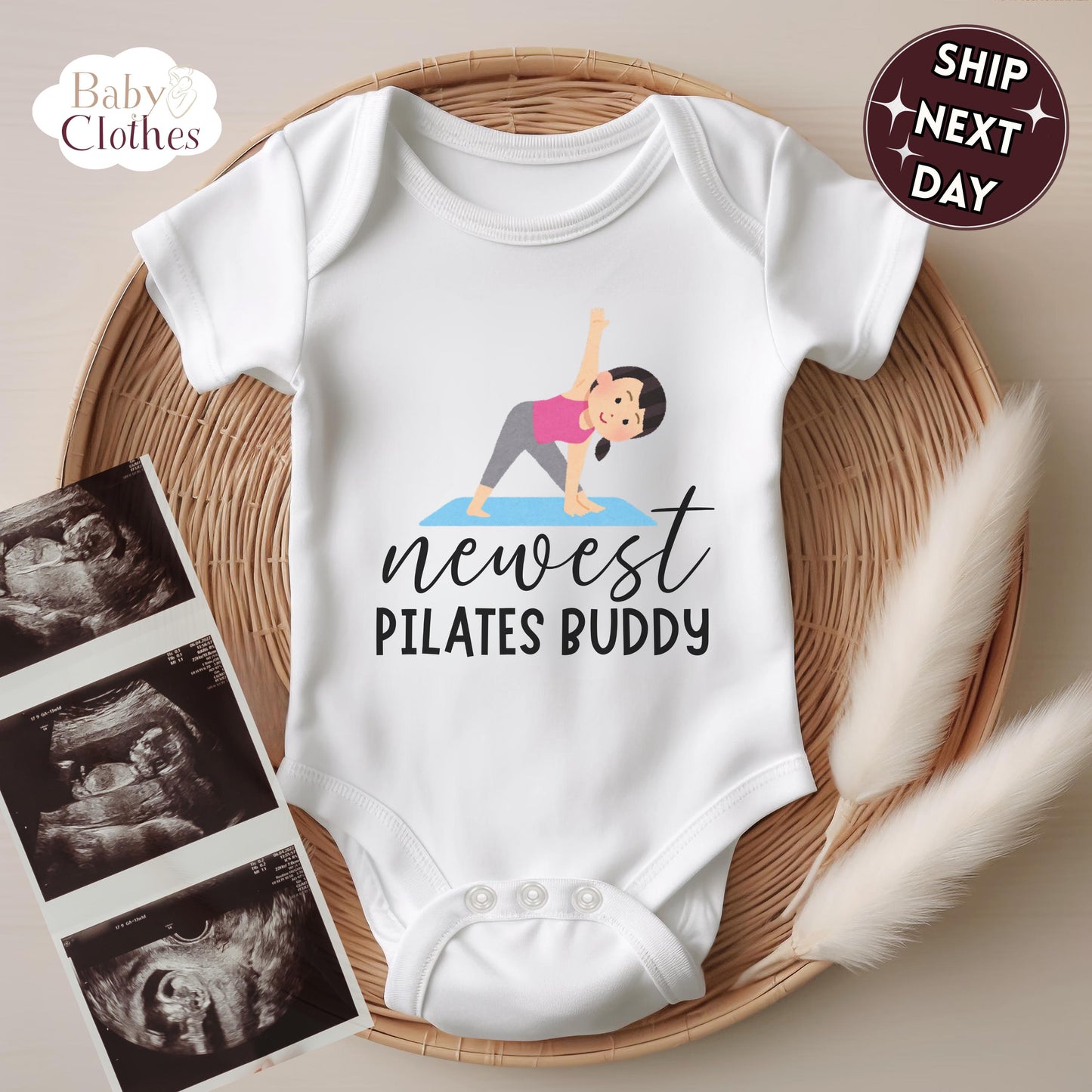 newest pilates buddy baby bodysuit, cute pilates baby outfit, baby announcement, newborn baby gift, daddys pilates partner onesie®