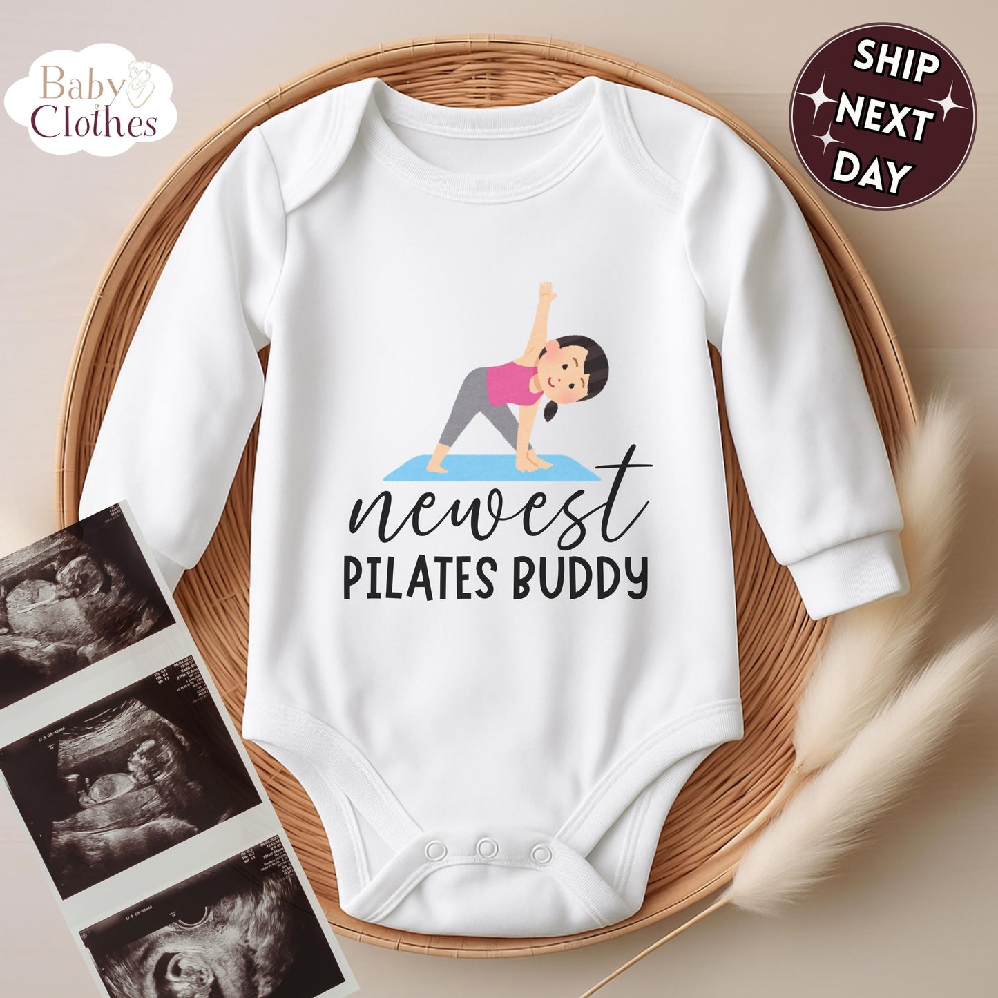 newest pilates buddy baby bodysuit, cute pilates baby outfit, baby announcement, newborn baby gift, daddys pilates partner onesie®