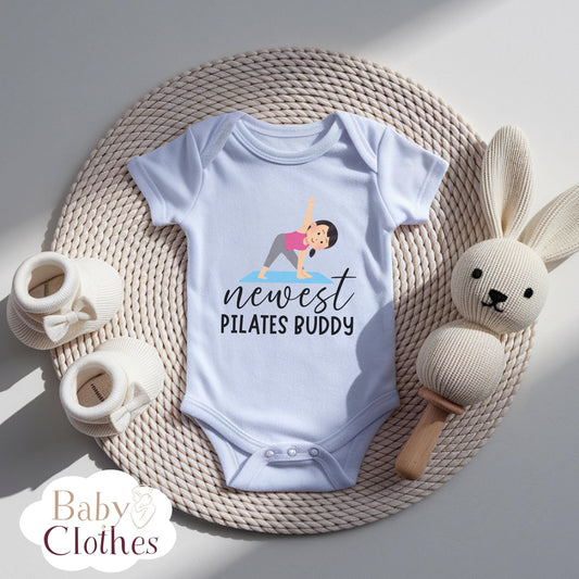 newest pilates buddy baby bodysuit, cute pilates baby outfit, baby announcement, newborn baby gift, daddys pilates partner onesie®