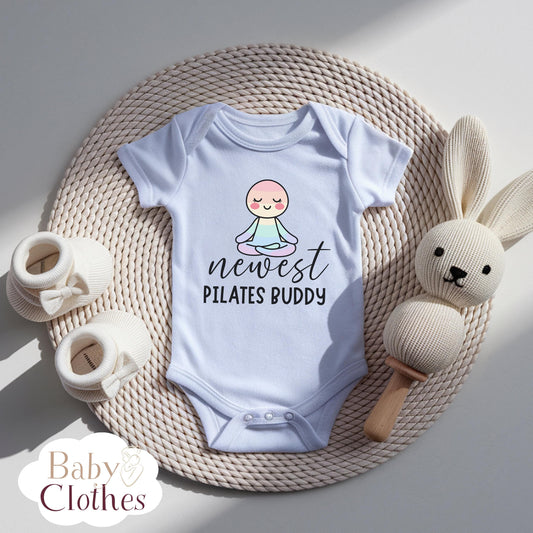 newest pilates buddy baby bodysuit, cute pilates baby outfit, baby announcement, newborn baby gift, daddys pilates partner onesie®