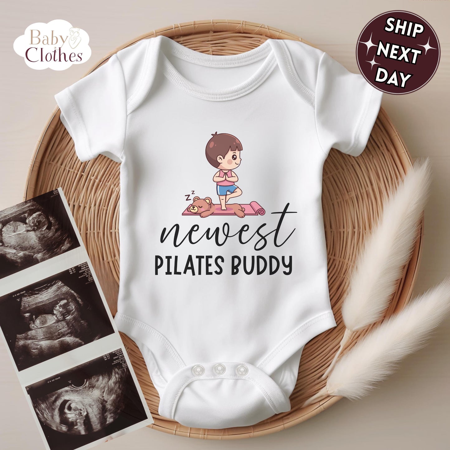 newest pilates buddy baby bodysuit, cute pilates baby outfit, baby announcement, newborn baby gift, daddys pilates partner onesie®