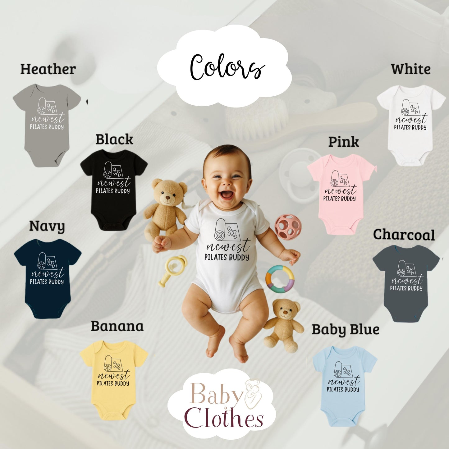 newest pilates buddy baby bodysuit, cute pilates baby outfit, baby announcement, newborn baby gift, daddys pilates partner onesie®