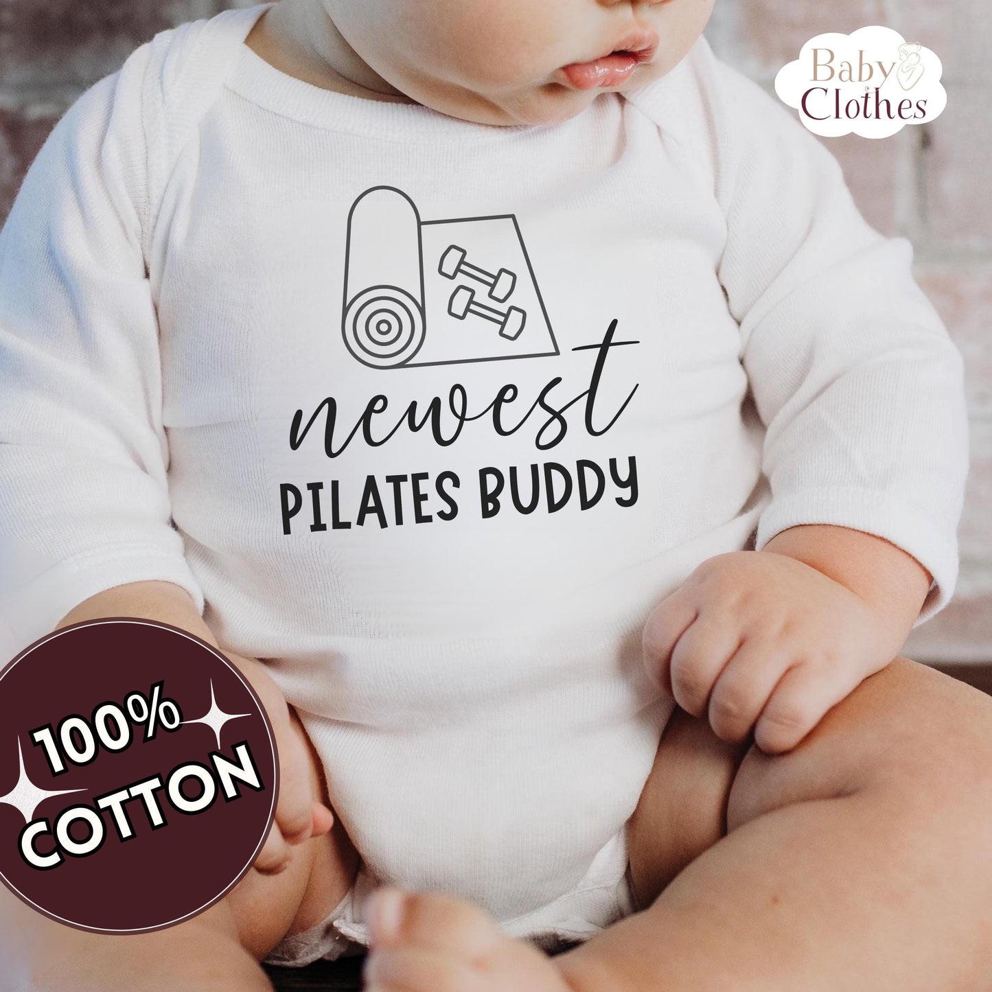 newest pilates buddy baby bodysuit, cute pilates baby outfit, baby announcement, newborn baby gift, daddys pilates partner onesie®