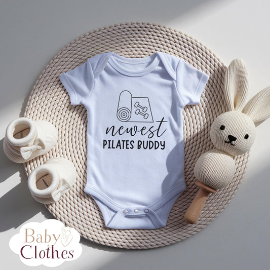 newest pilates buddy baby bodysuit, cute pilates baby outfit, baby announcement, newborn baby gift, daddys pilates partner onesie®