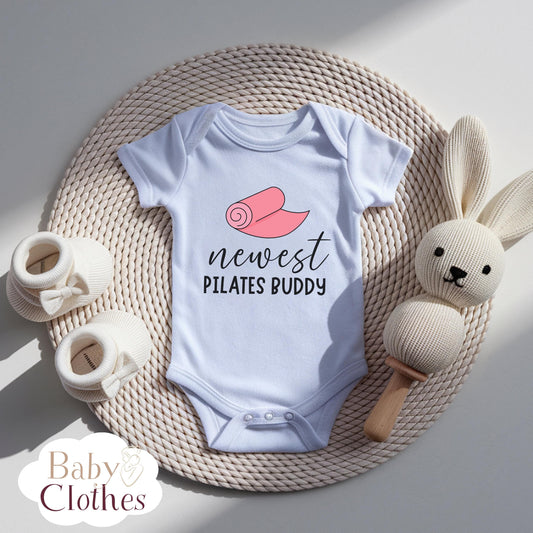 newest pilates buddy baby bodysuit, cute pilates baby outfit, baby announcement, newborn baby gift, daddys pilates partner onesie®