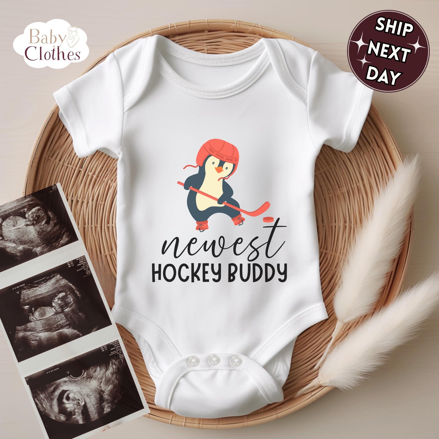 newest hockey buddy baby bodysuit, cute hockey baby outfit, baby announcement, newborn baby gift, daddys hockey partner onesie®