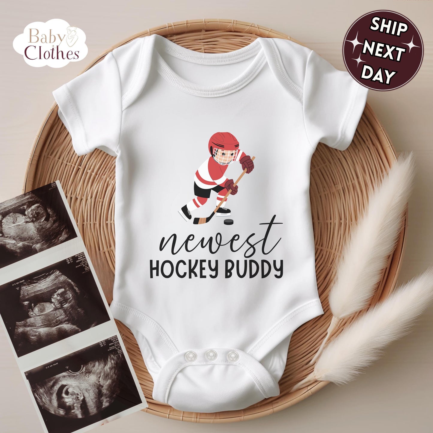 newest hockey buddy baby bodysuit, cute hockey baby outfit, baby announcement, newborn baby gift, daddys hockey partner onesie®
