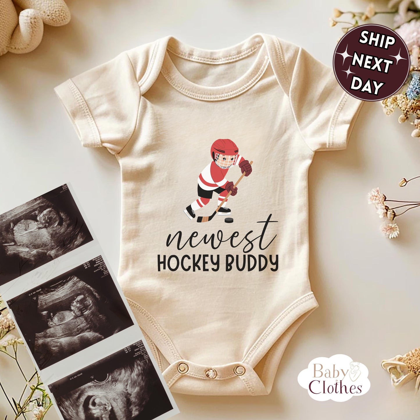 newest hockey buddy baby bodysuit, cute hockey baby outfit, baby announcement, newborn baby gift, daddys hockey partner onesie®