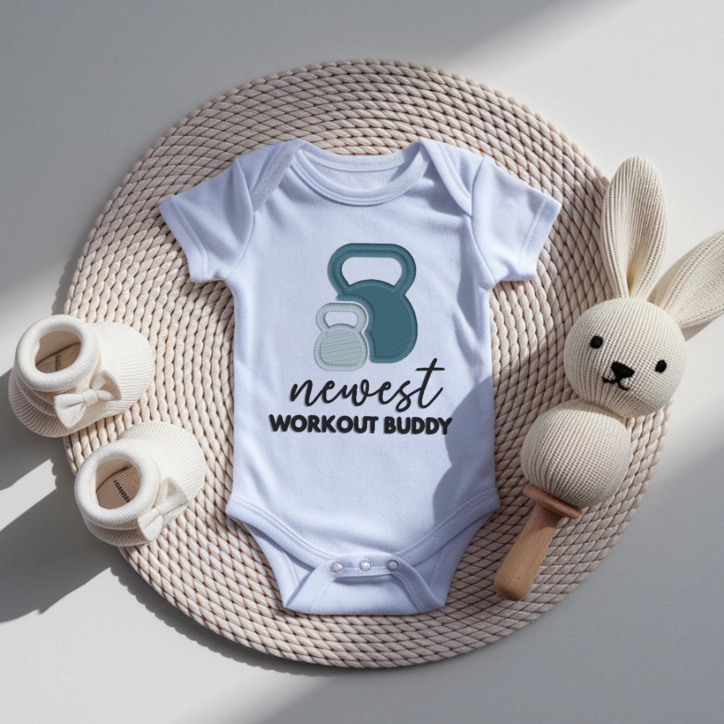 Embroidered Newest Workout Buddy Baby Onesie, Fitness Pregnancy Announcement Bodysuit, Daddy Gym Partner Newborn Gift