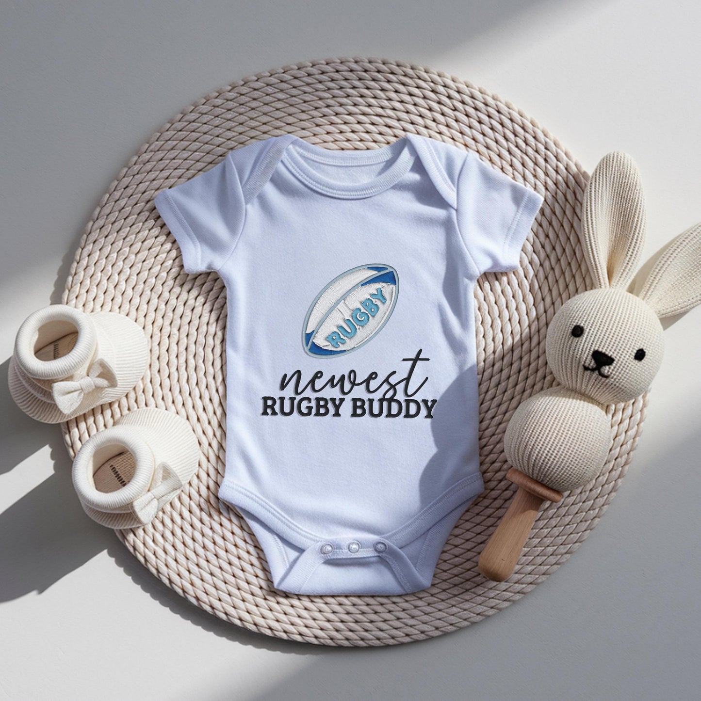newest rugby buddy embroidered baby bodysuit, custom rugby baby outfit, baby announcement, newborn baby gift, daddys rugby partner onesie®