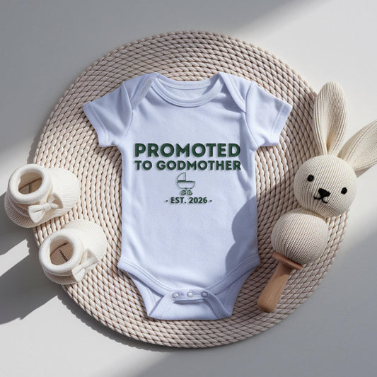 Promoted To Godmother Embroidered Baby Bodysuit, Personalized Est Year Infant One Piece, Godparent Proposal Gift, Baby Announcement Outfit