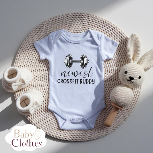 newest crossfit buddy baby bodysuit, cute crossfit baby outfit, baby announcement, newborn baby gift, daddys crossfit partner onesie®