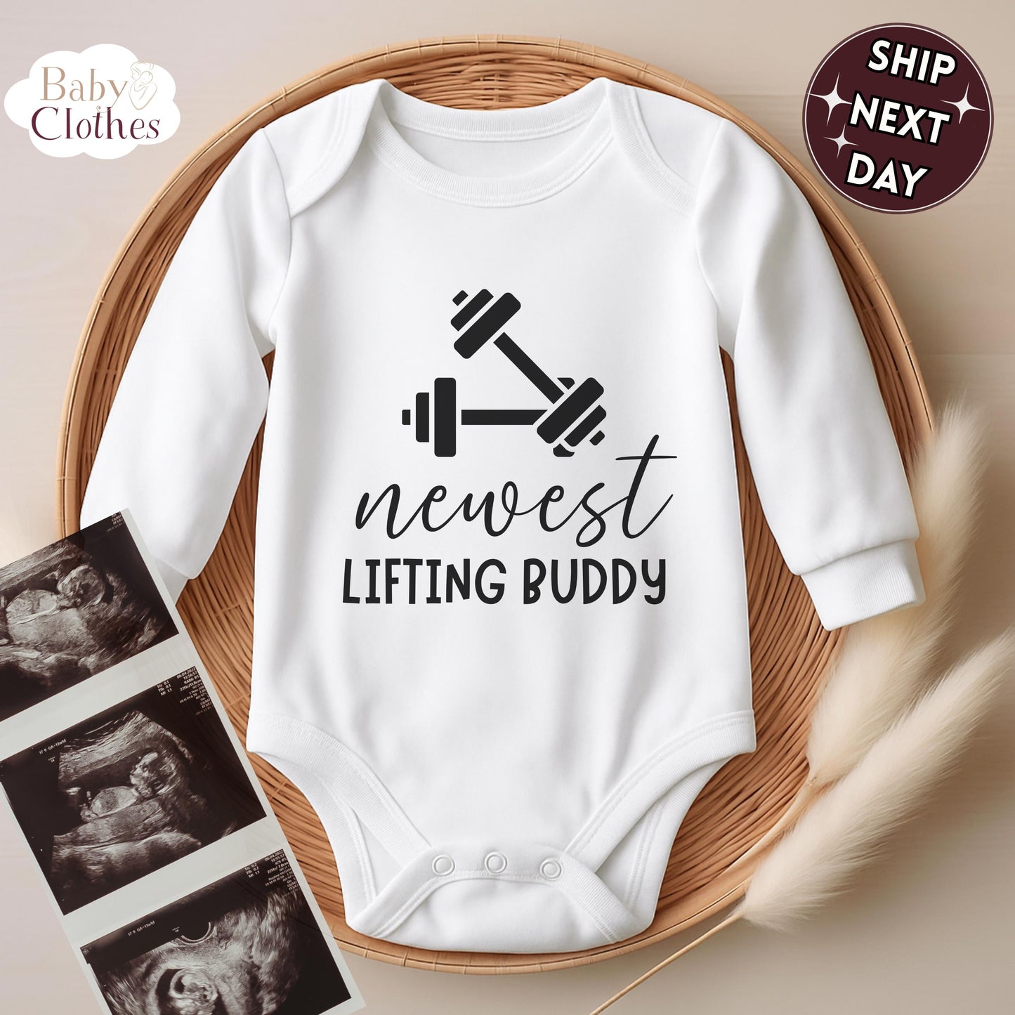 newest lifting buddy baby bodysuit, cute lifting baby outfit, baby announcement, newborn baby gift, daddys lifting partner onesie®