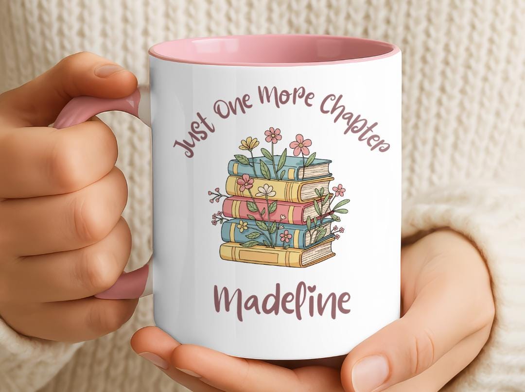 Personalized Book Lover Mug, One More Chapter Coffee Cup, Floral Bookshelf Reader Gift, Custom Name Literary Birthday Present