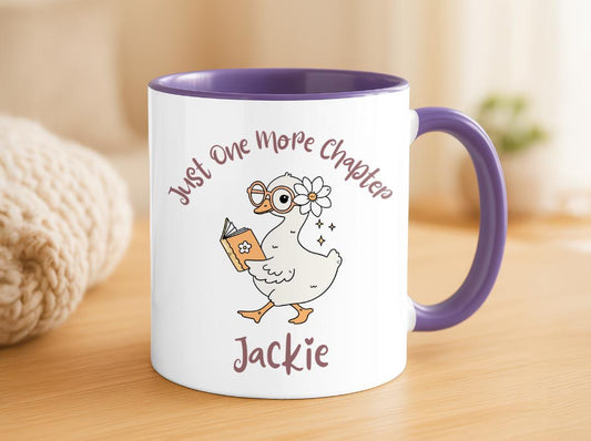 Personalized Duck Reading Mug, Just One More Chapter Coffee Cup, Cute Book Lover Gift For Her, Custom Name Reader Birthday Present