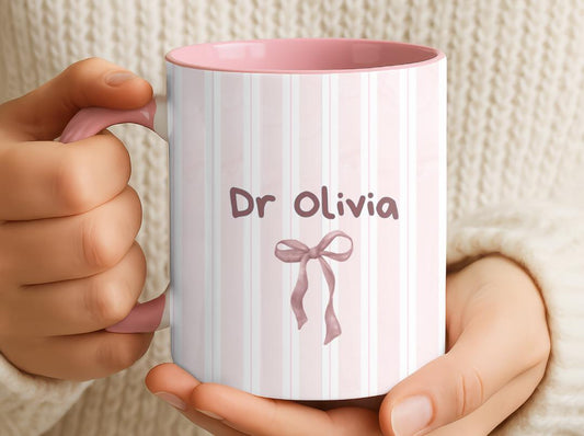 Personalized Doctor Mug with Name and Bow | Custom Ceramic Coffee Cup | PHD Graduation or Pediatrician Appreciation Gift for Her
