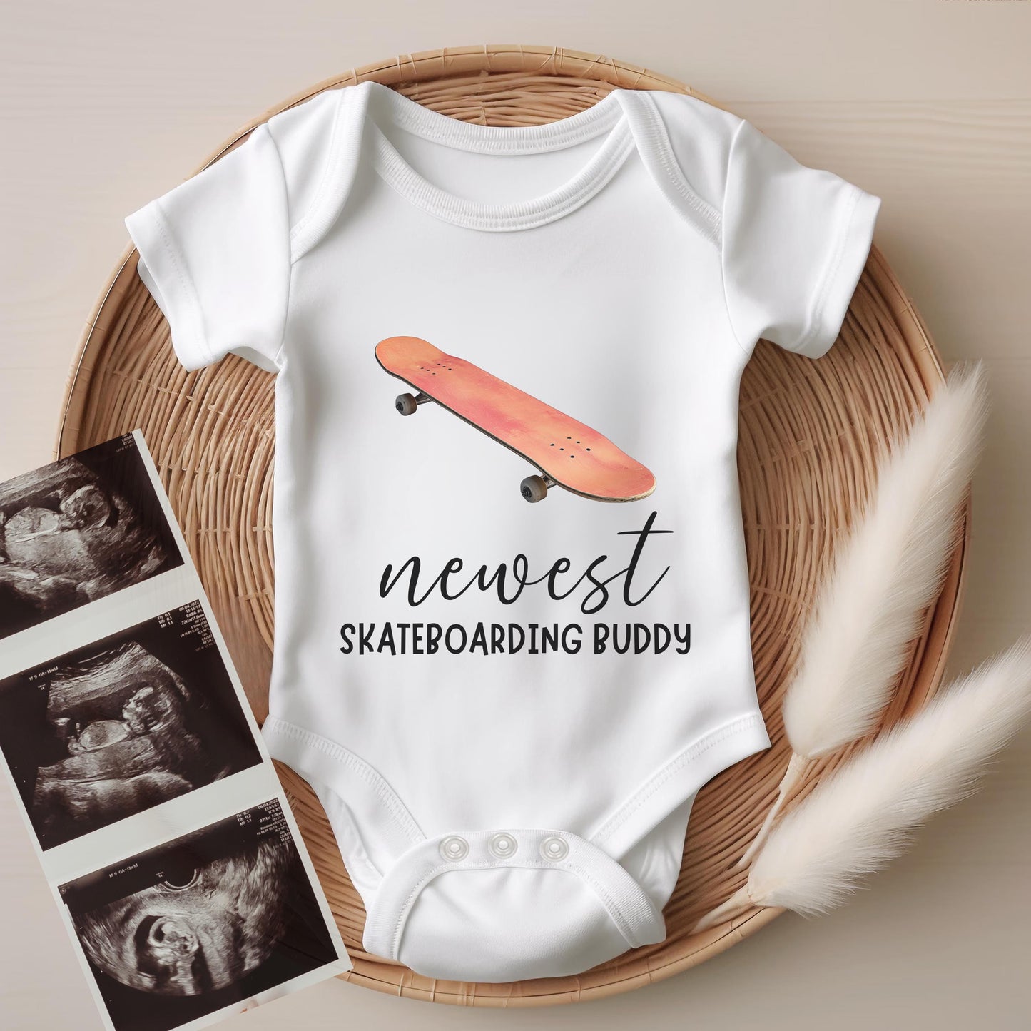 newest skate buddy baby bodysuit, cute skateboard baby outfit, baby announcement, newborn baby gift, daddys skate partner