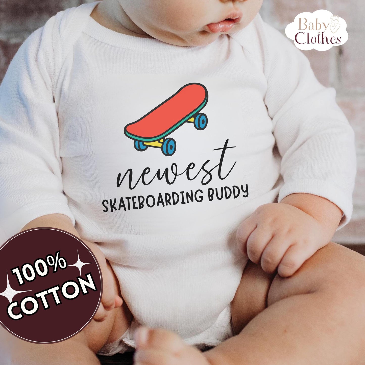 newest skate buddy baby bodysuit, cute skateboard baby outfit, baby announcement, newborn baby gift, daddys skate partner