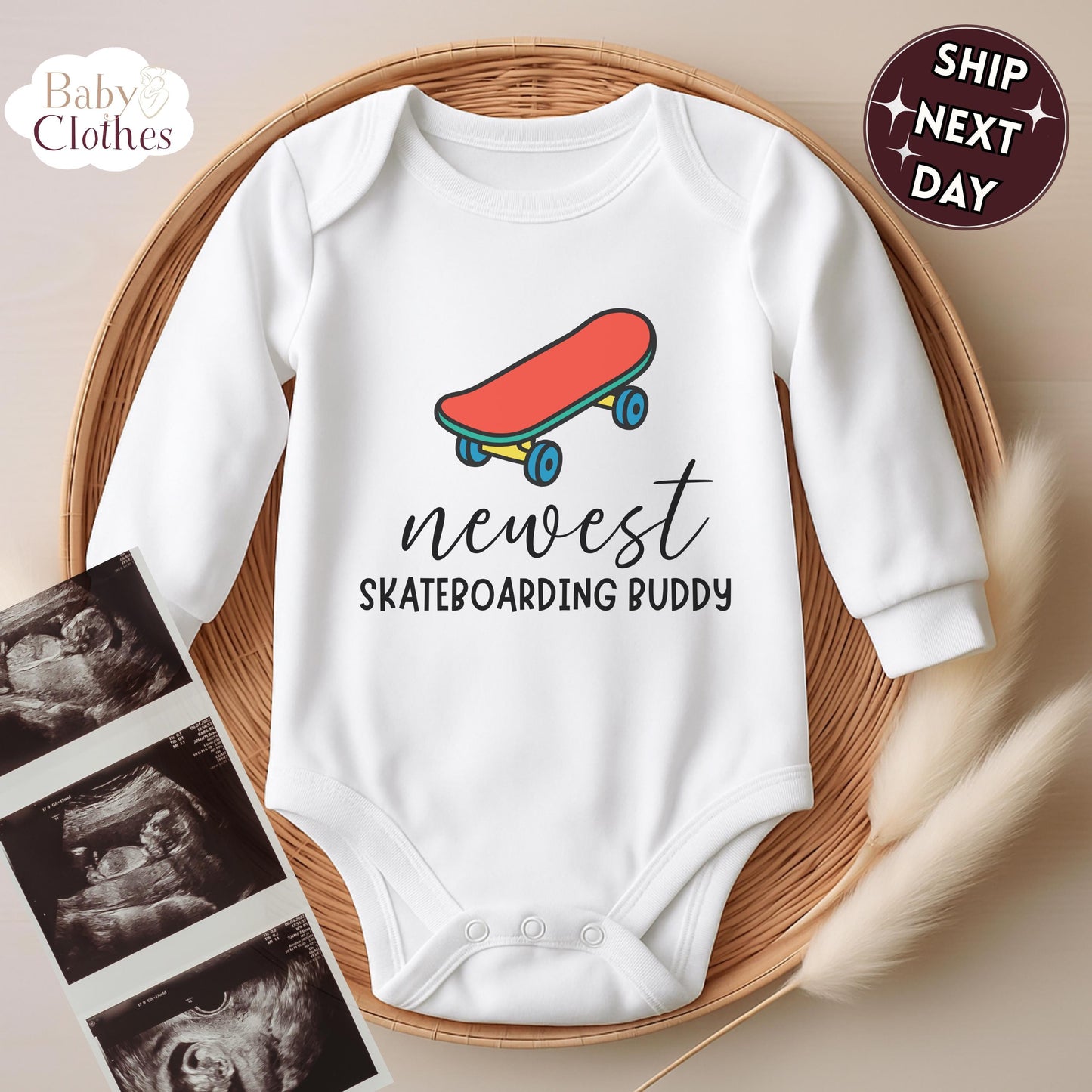 newest skate buddy baby bodysuit, cute skateboard baby outfit, baby announcement, newborn baby gift, daddys skate partner