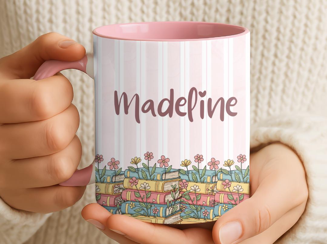 Personalised Vintage Bookshelf Library Pottery Mug, Floral Bookish Gifts For Reader, Custom Reading Coffee Cup, Book Lover Birthday Gift