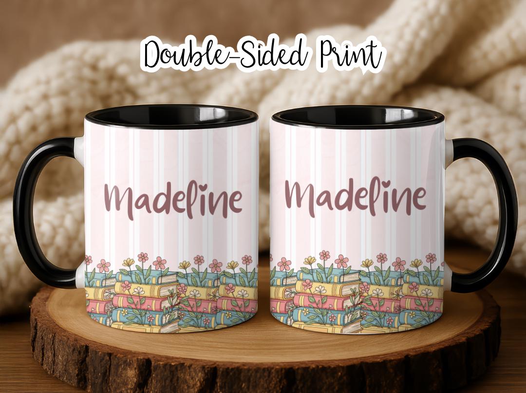 Personalised Vintage Bookshelf Library Pottery Mug, Floral Bookish Gifts For Reader, Custom Reading Coffee Cup, Book Lover Birthday Gift