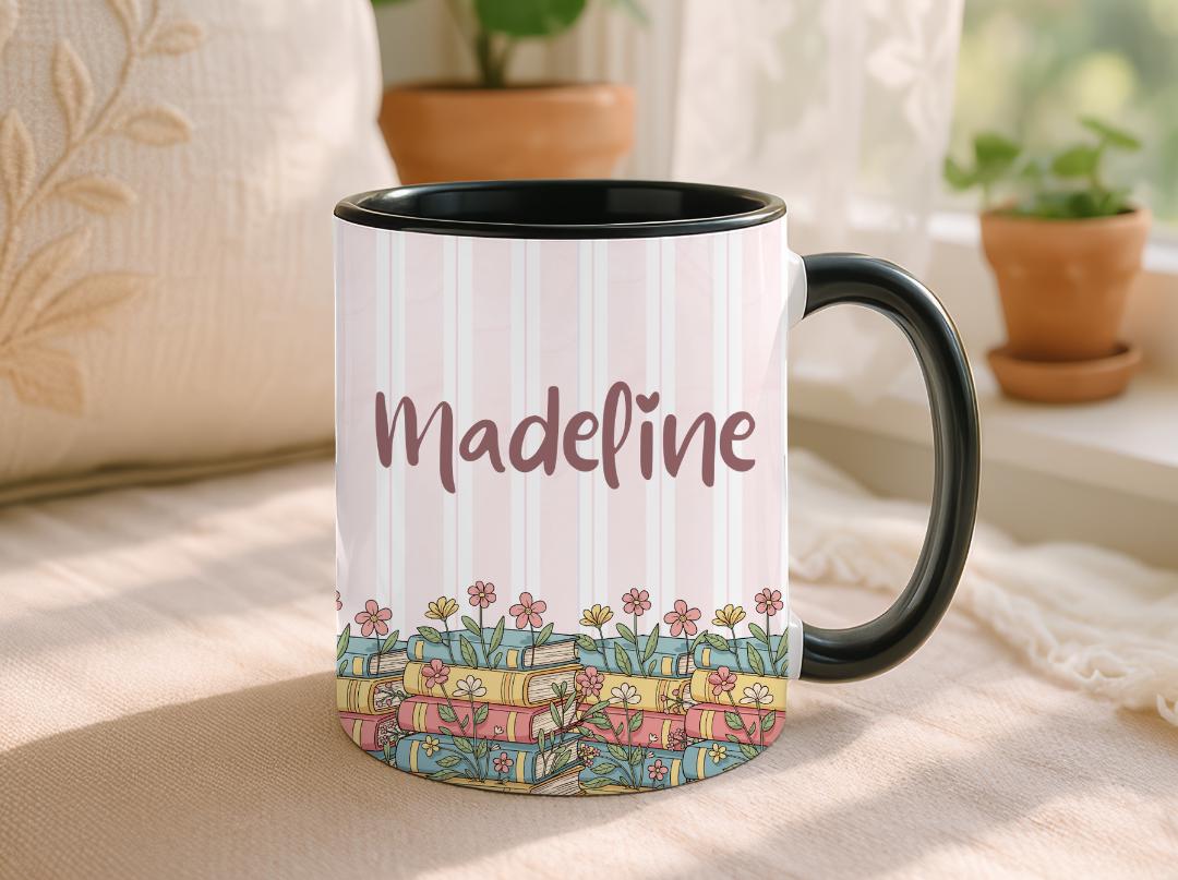 Personalised Vintage Bookshelf Library Pottery Mug, Floral Bookish Gifts For Reader, Custom Reading Coffee Cup, Book Lover Birthday Gift