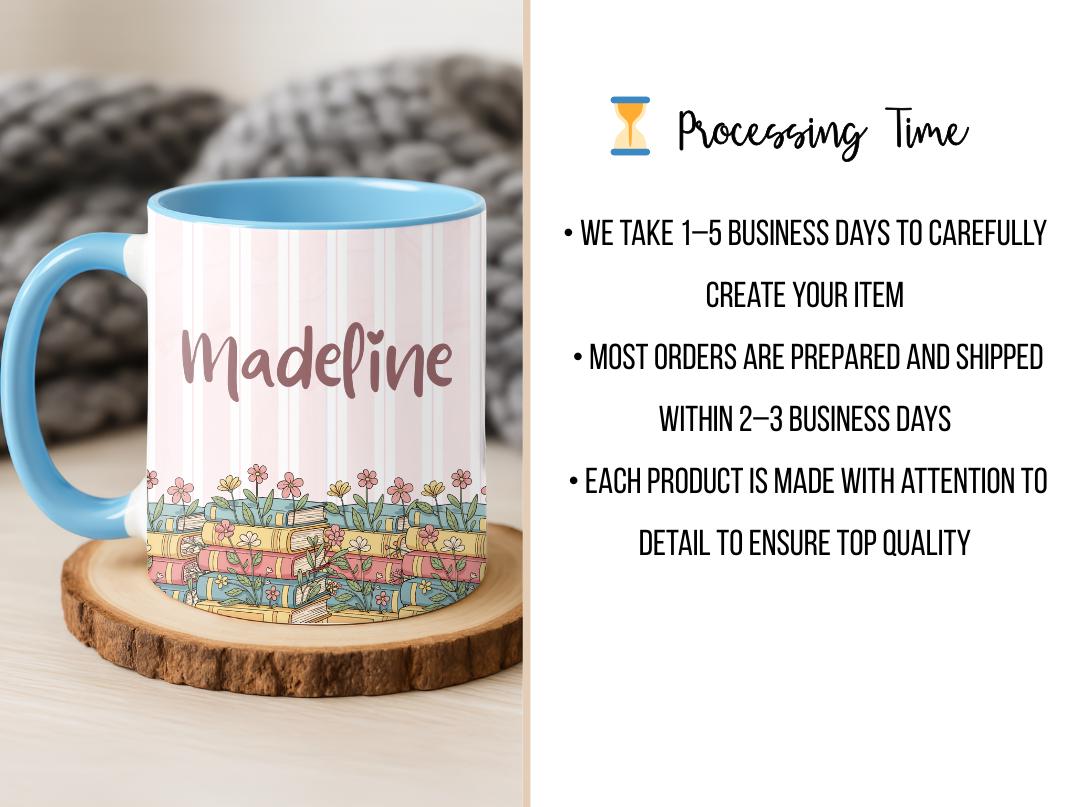 Personalised Vintage Bookshelf Library Pottery Mug, Floral Bookish Gifts For Reader, Custom Reading Coffee Cup, Book Lover Birthday Gift